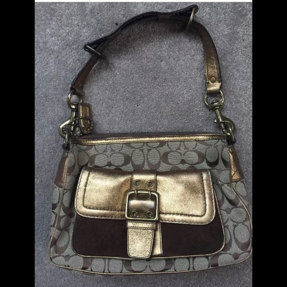 Coach Logo Gold Shoulder Bag Purse Handbag - Picture 1 of 8